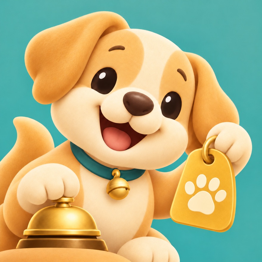 A friendly puppy at a hotel reception desk holding a paw-print room key